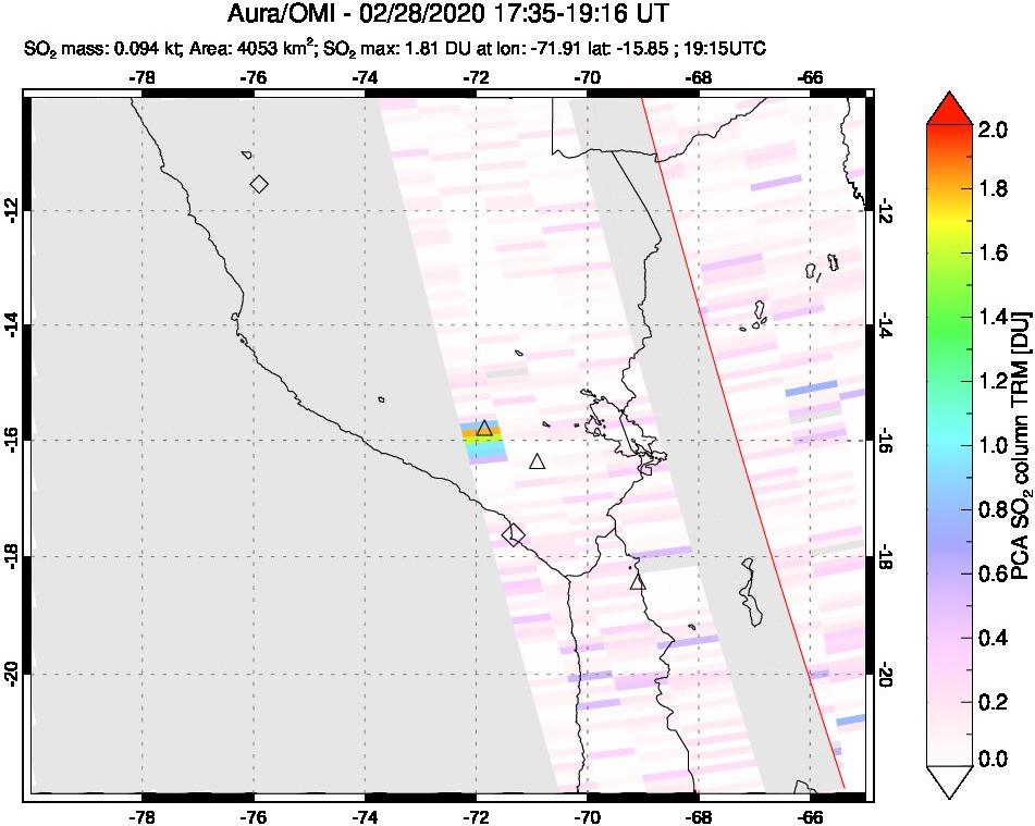 A sulfur dioxide image over Peru on Feb 28, 2020.