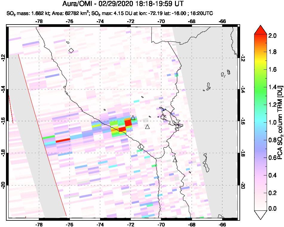 A sulfur dioxide image over Peru on Feb 29, 2020.