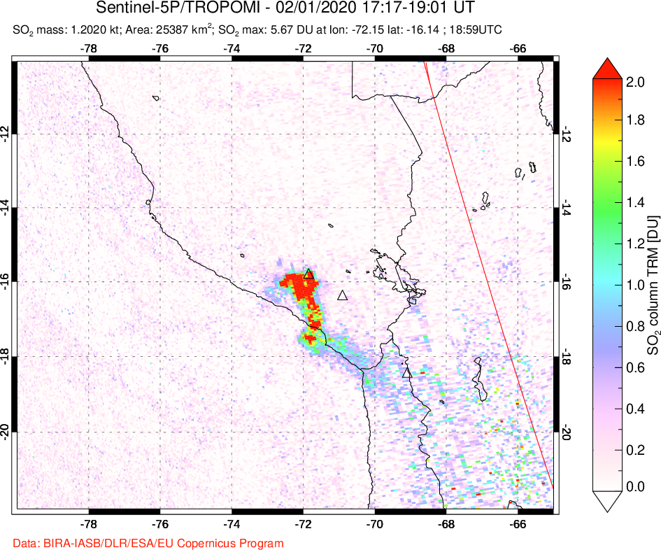 A sulfur dioxide image over Peru on Feb 01, 2020.