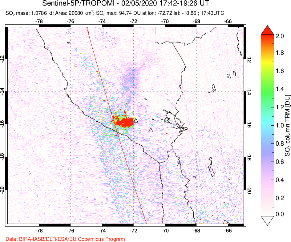 A sulfur dioxide image over Peru on Feb 05, 2020.