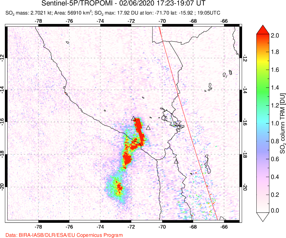 A sulfur dioxide image over Peru on Feb 06, 2020.