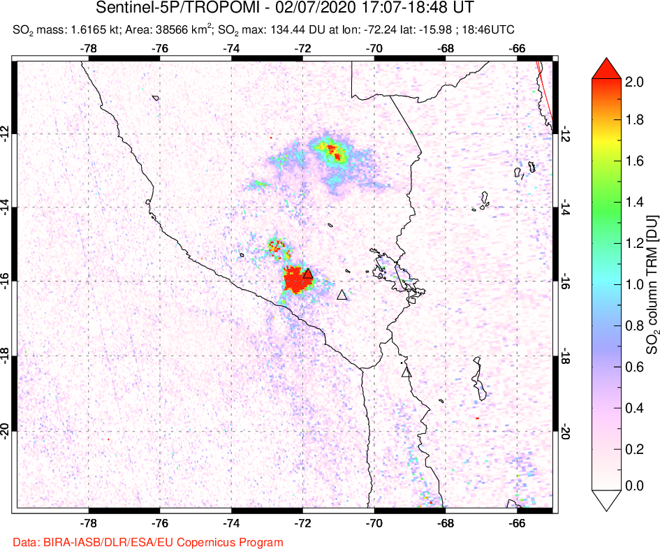 A sulfur dioxide image over Peru on Feb 07, 2020.