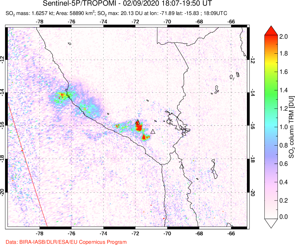 A sulfur dioxide image over Peru on Feb 09, 2020.