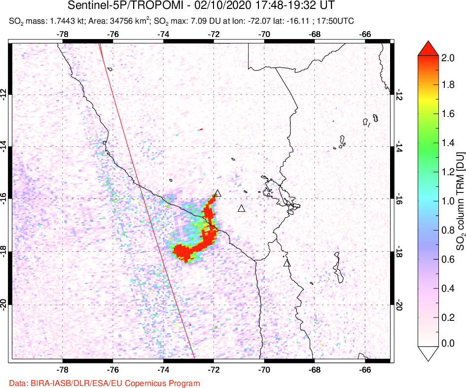 A sulfur dioxide image over Peru on Feb 10, 2020.