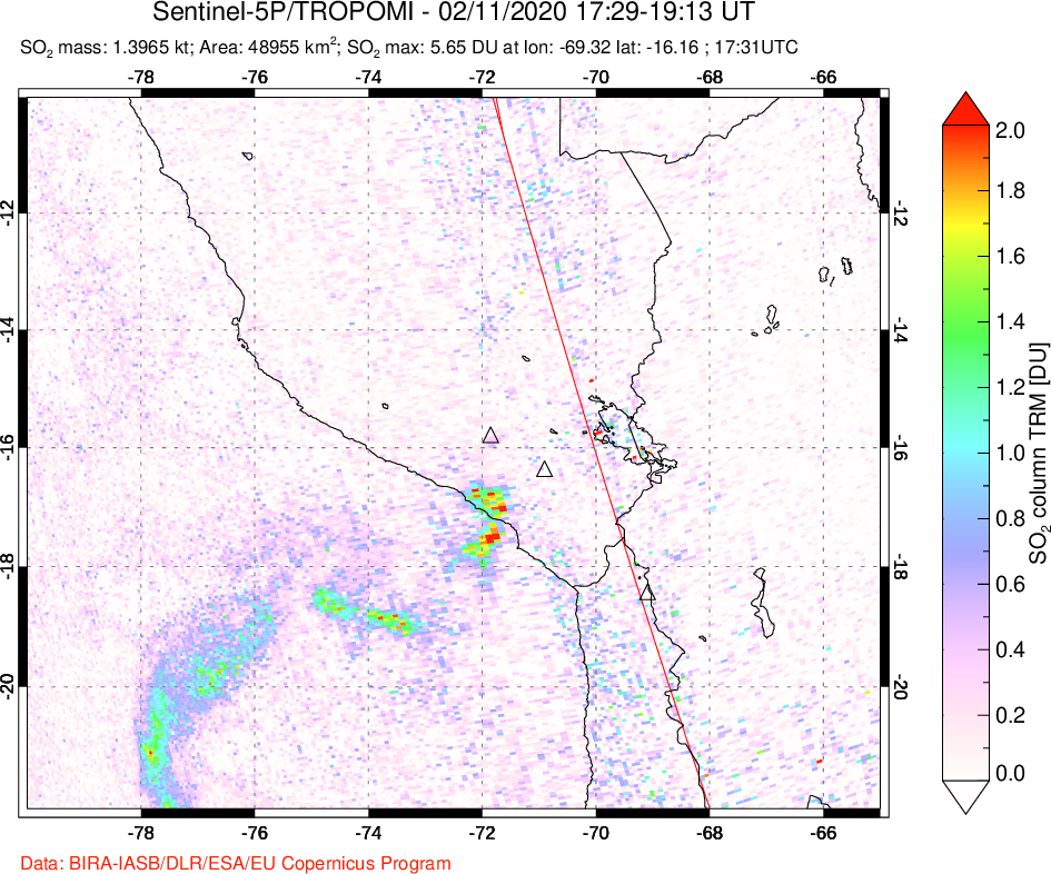 A sulfur dioxide image over Peru on Feb 11, 2020.