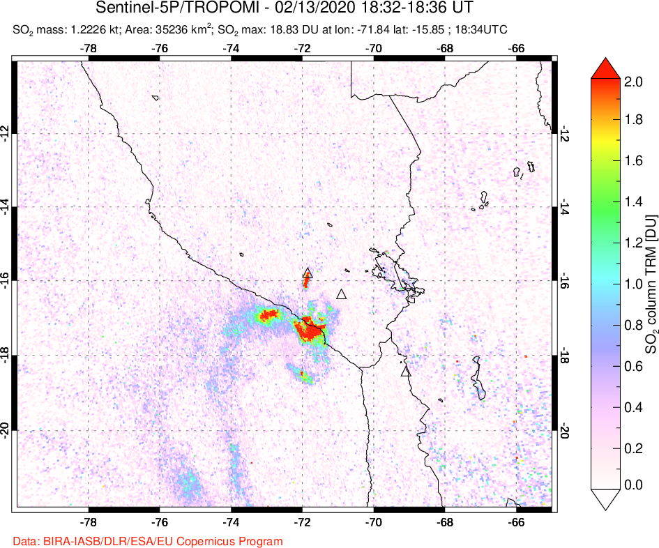 A sulfur dioxide image over Peru on Feb 13, 2020.