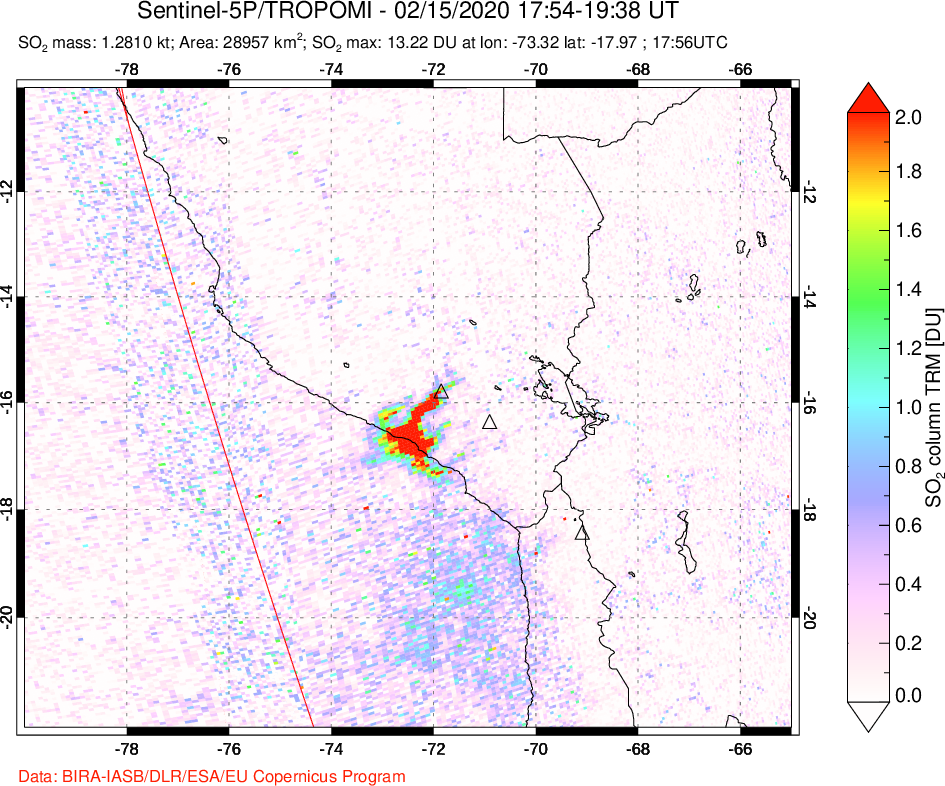 A sulfur dioxide image over Peru on Feb 15, 2020.