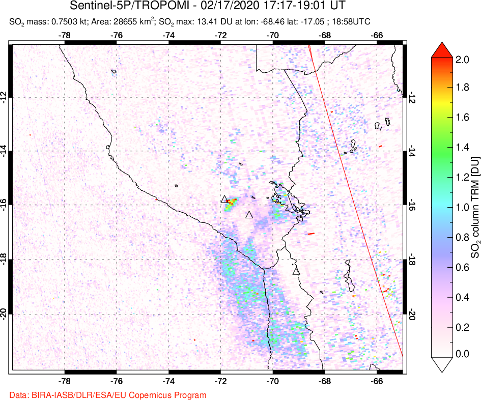 A sulfur dioxide image over Peru on Feb 17, 2020.