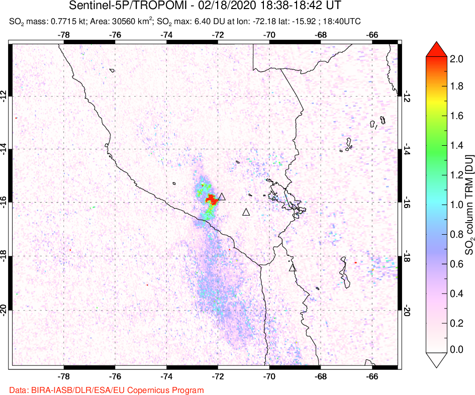 A sulfur dioxide image over Peru on Feb 18, 2020.