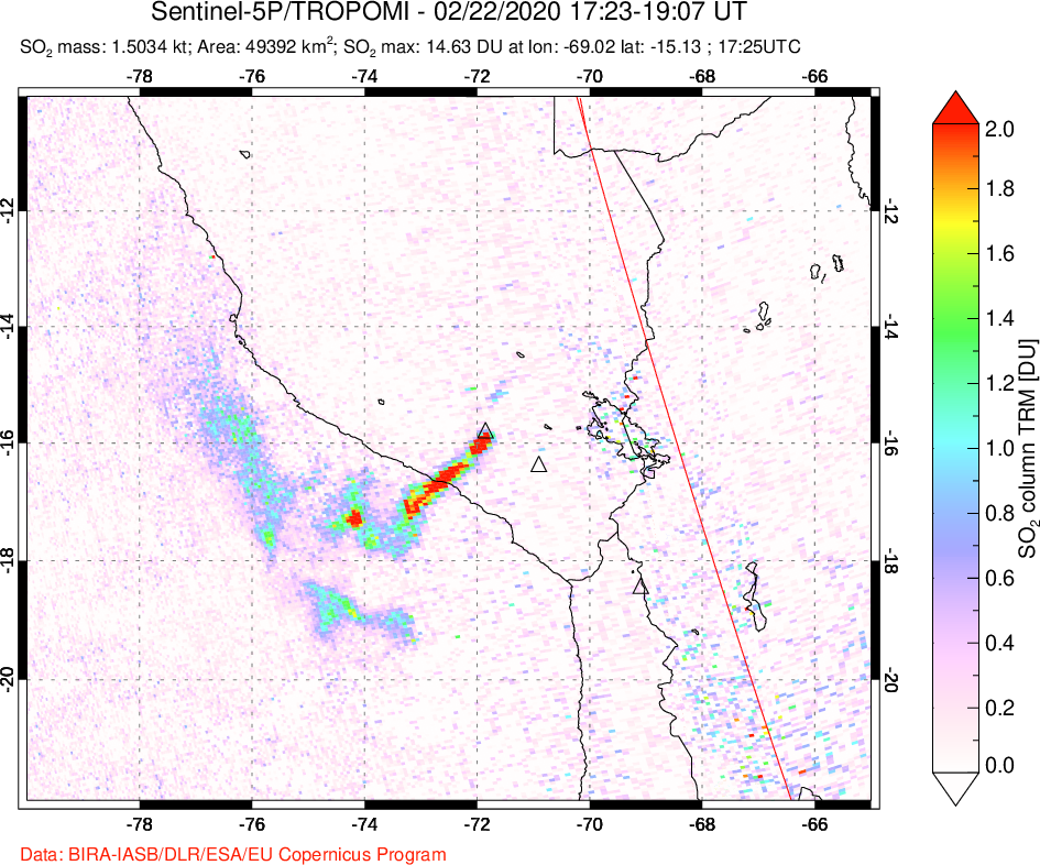 A sulfur dioxide image over Peru on Feb 22, 2020.