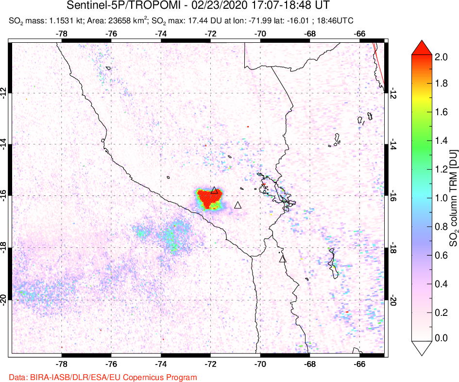 A sulfur dioxide image over Peru on Feb 23, 2020.