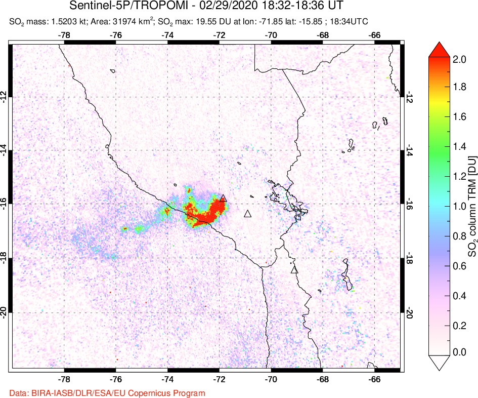 A sulfur dioxide image over Peru on Feb 29, 2020.