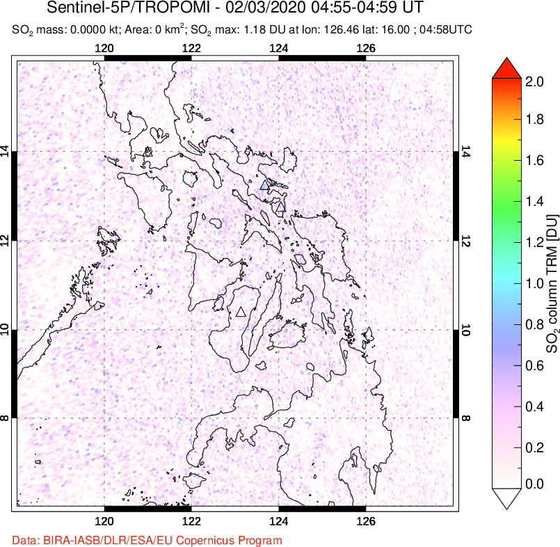 A sulfur dioxide image over Philippines on Feb 03, 2020.