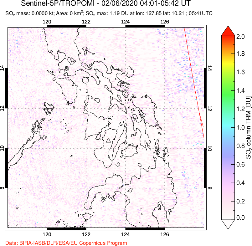 A sulfur dioxide image over Philippines on Feb 06, 2020.