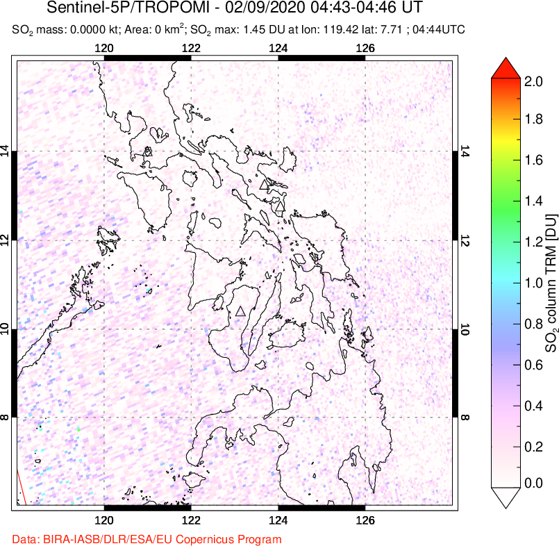 A sulfur dioxide image over Philippines on Feb 09, 2020.