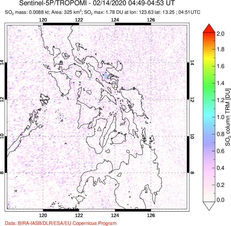 A sulfur dioxide image over Philippines on Feb 14, 2020.