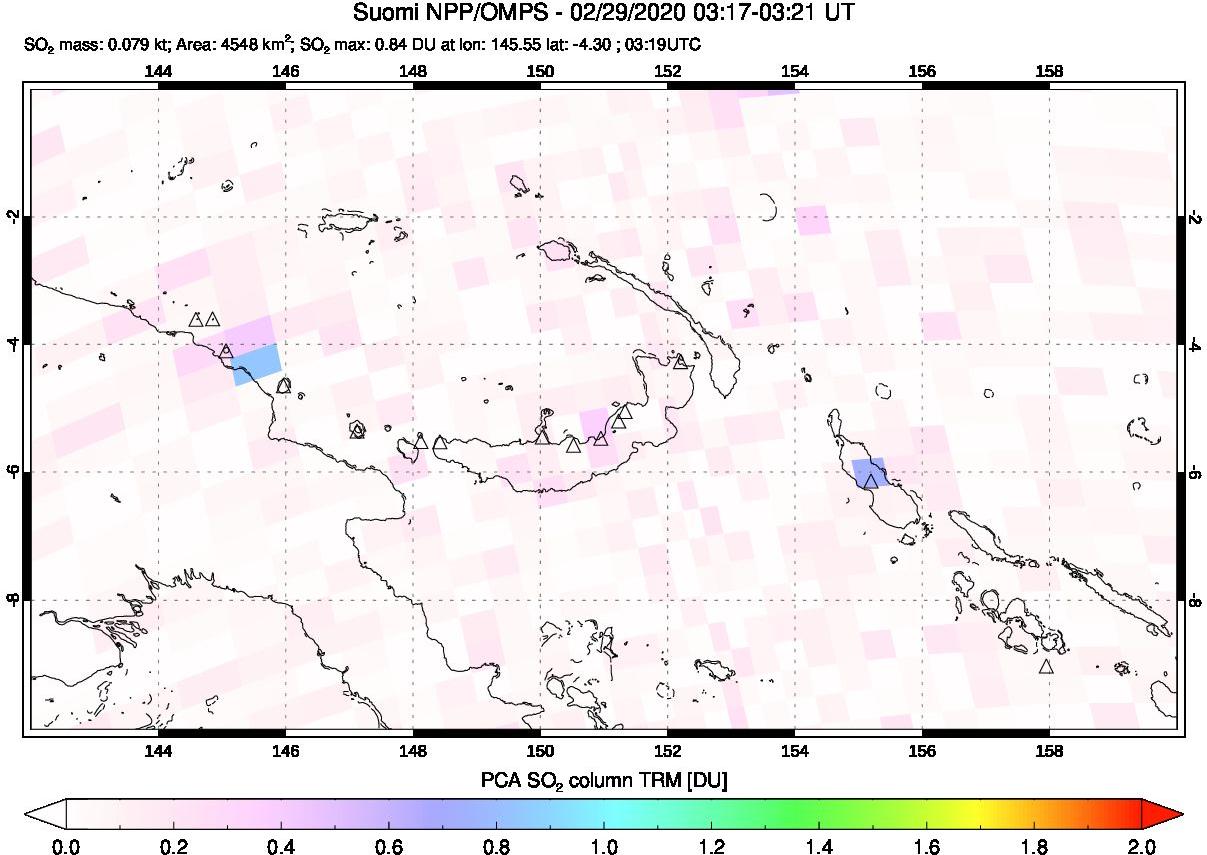 A sulfur dioxide image over Papua, New Guinea on Feb 29, 2020.