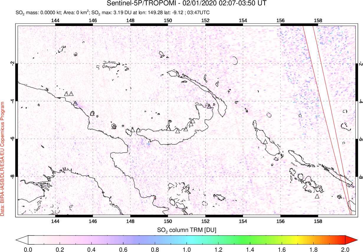 A sulfur dioxide image over Papua, New Guinea on Feb 01, 2020.