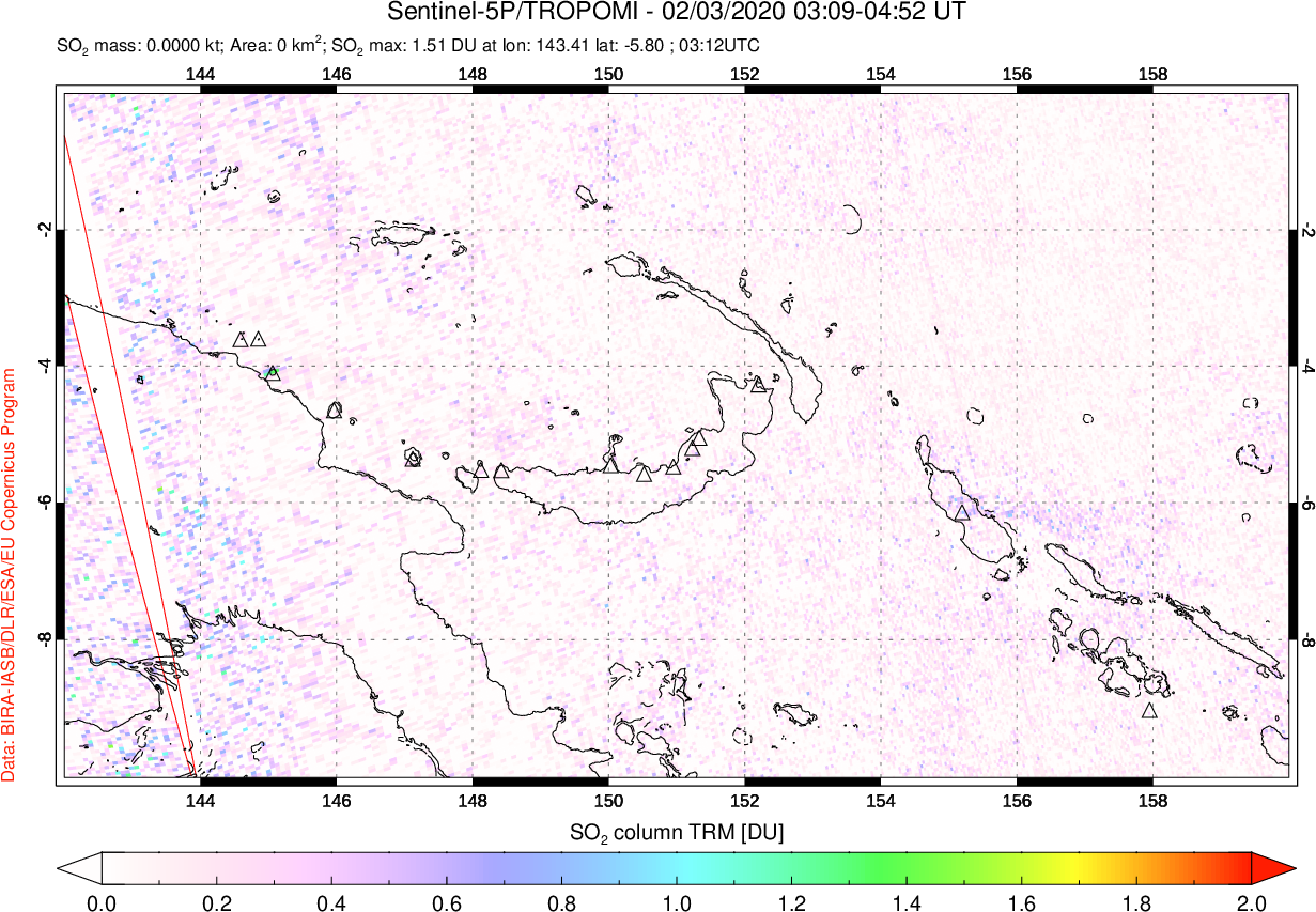A sulfur dioxide image over Papua, New Guinea on Feb 03, 2020.