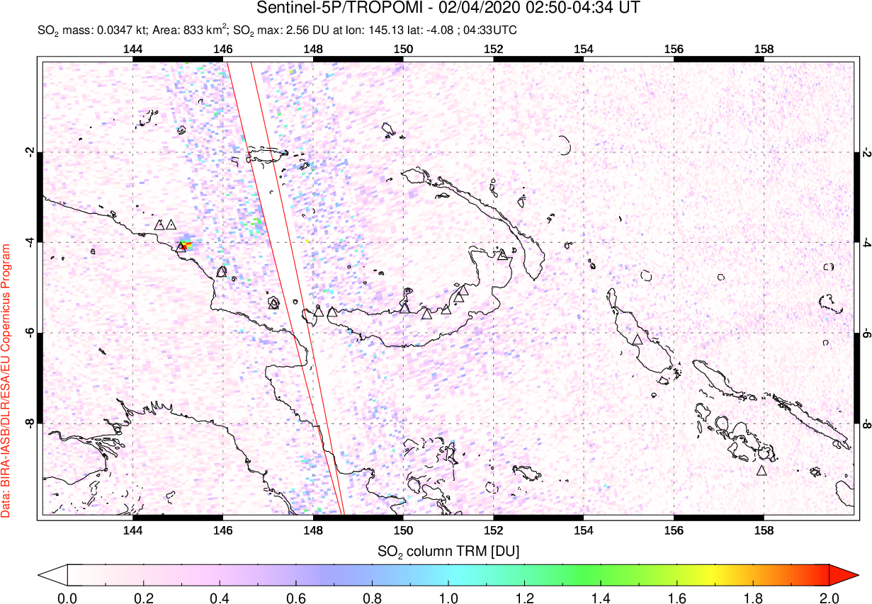 A sulfur dioxide image over Papua, New Guinea on Feb 04, 2020.