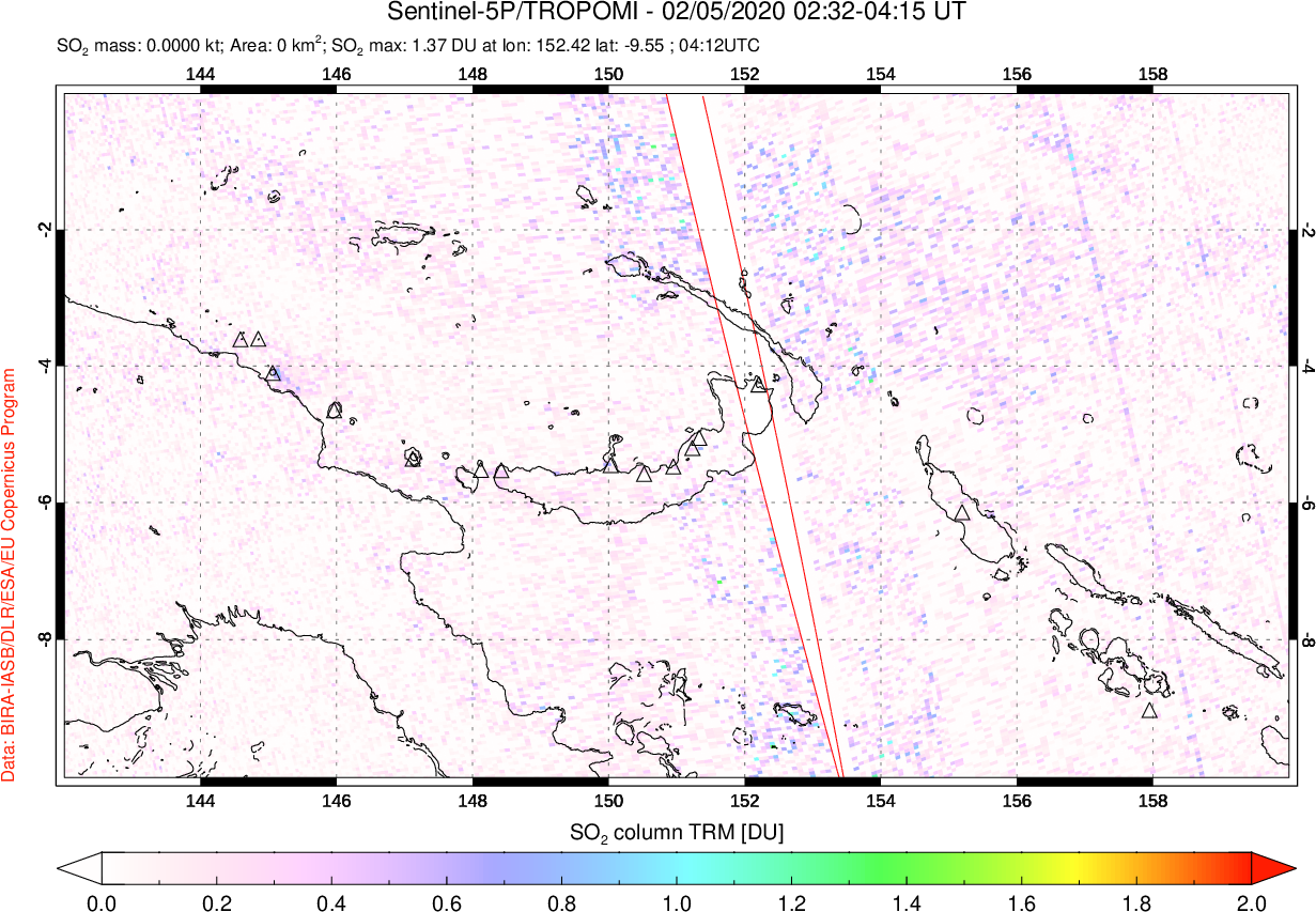 A sulfur dioxide image over Papua, New Guinea on Feb 05, 2020.