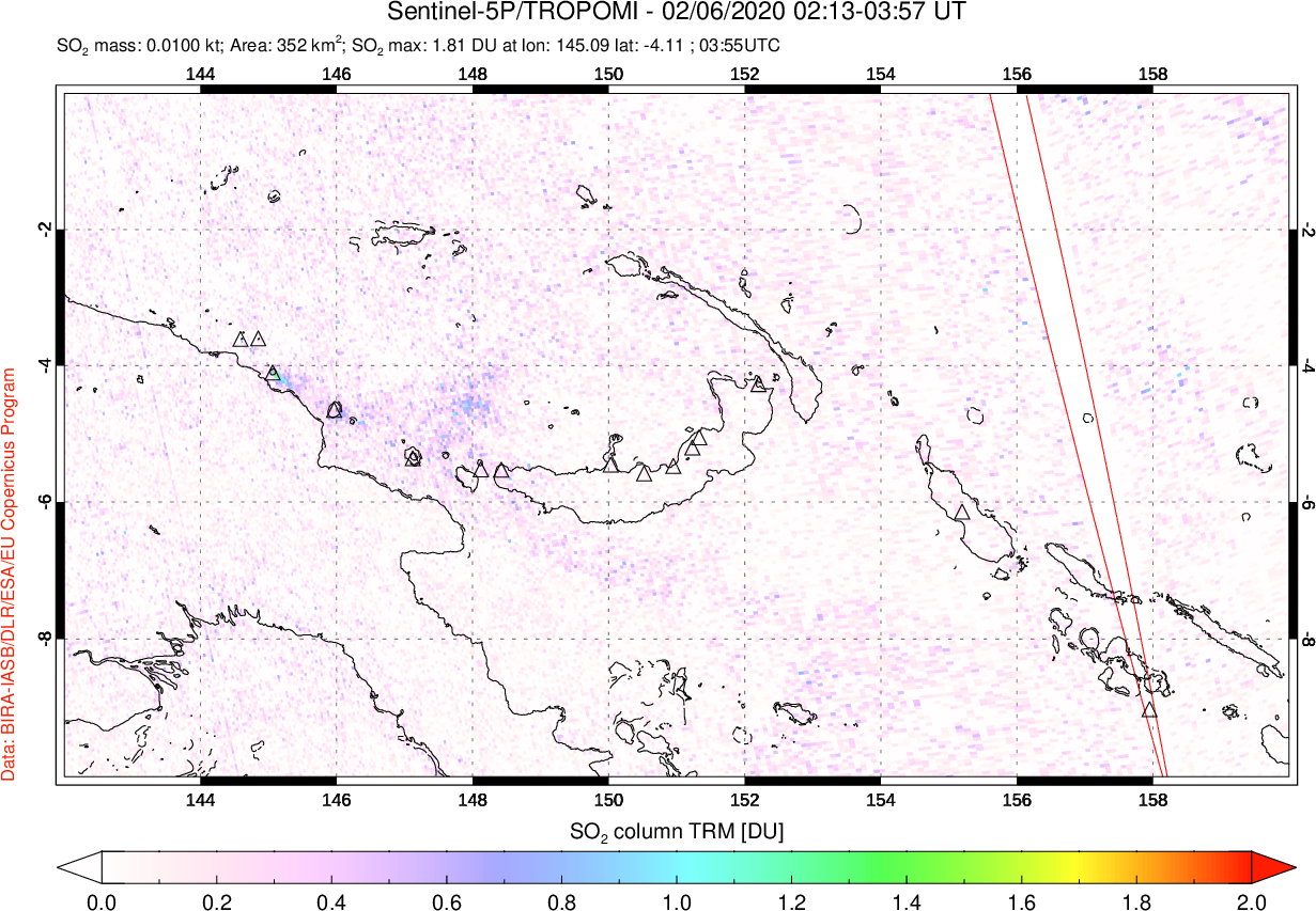 A sulfur dioxide image over Papua, New Guinea on Feb 06, 2020.