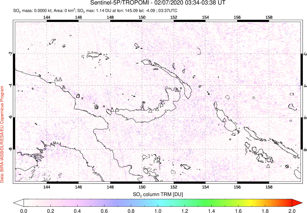 A sulfur dioxide image over Papua, New Guinea on Feb 07, 2020.