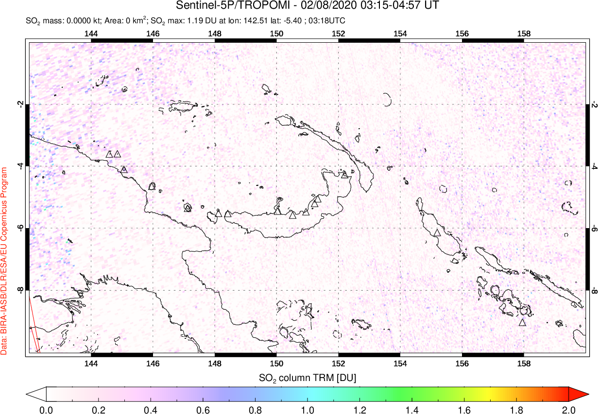 A sulfur dioxide image over Papua, New Guinea on Feb 08, 2020.
