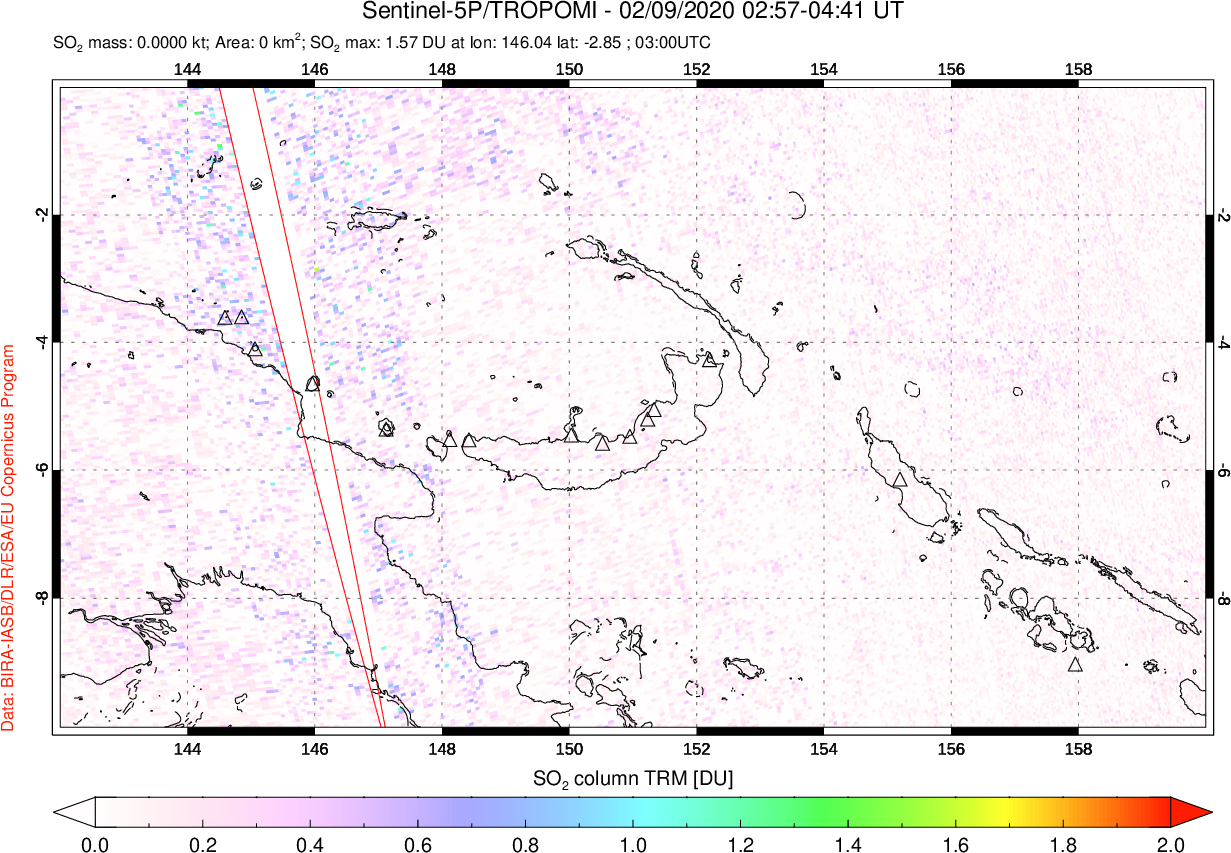 A sulfur dioxide image over Papua, New Guinea on Feb 09, 2020.