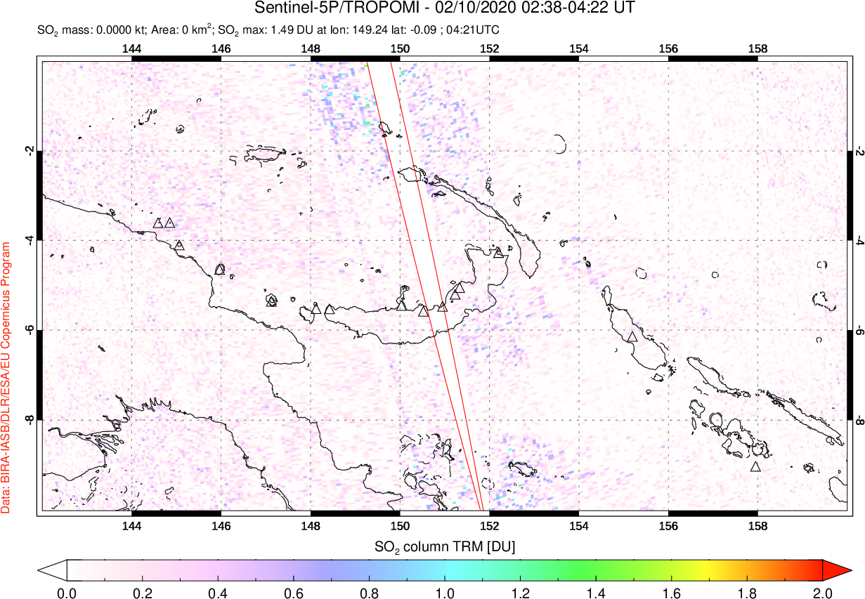 A sulfur dioxide image over Papua, New Guinea on Feb 10, 2020.