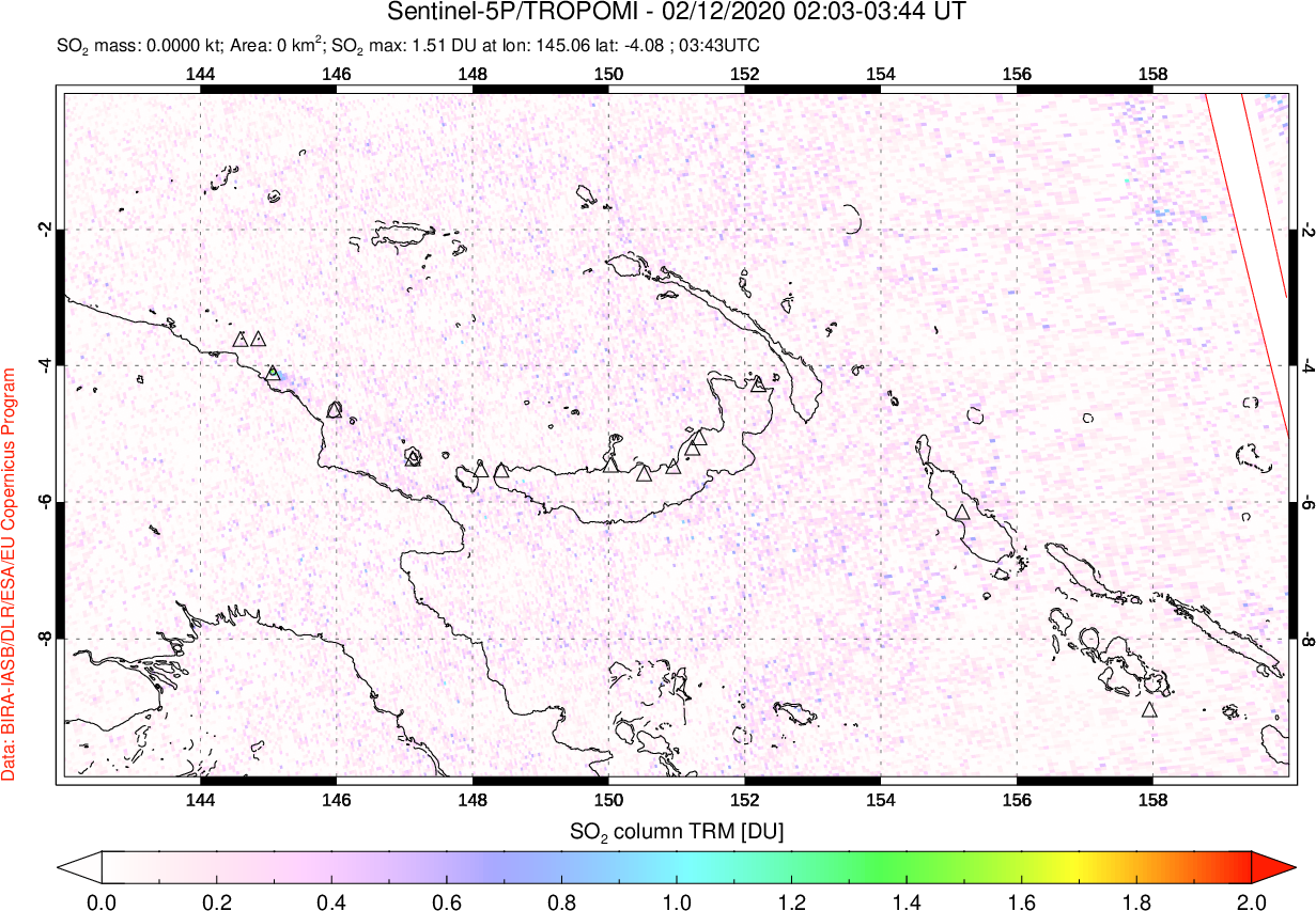 A sulfur dioxide image over Papua, New Guinea on Feb 12, 2020.