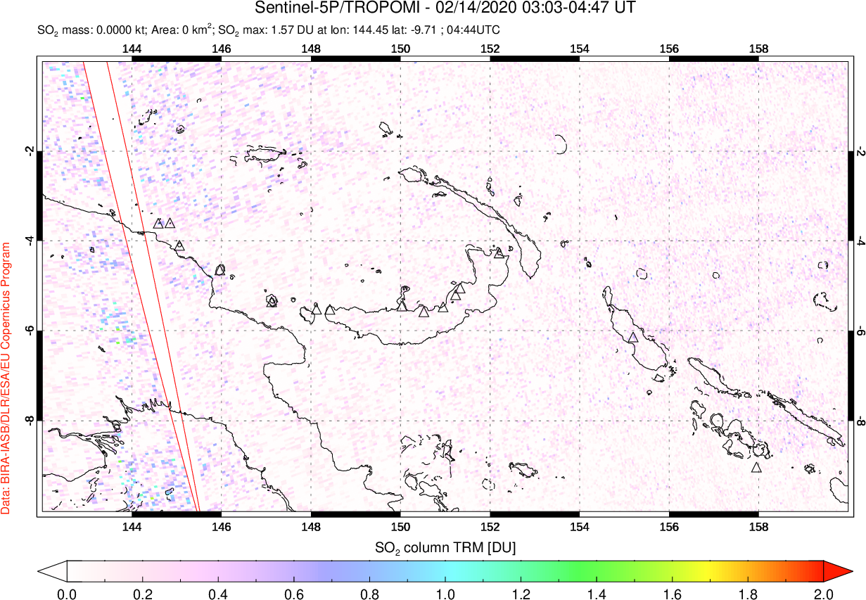 A sulfur dioxide image over Papua, New Guinea on Feb 14, 2020.