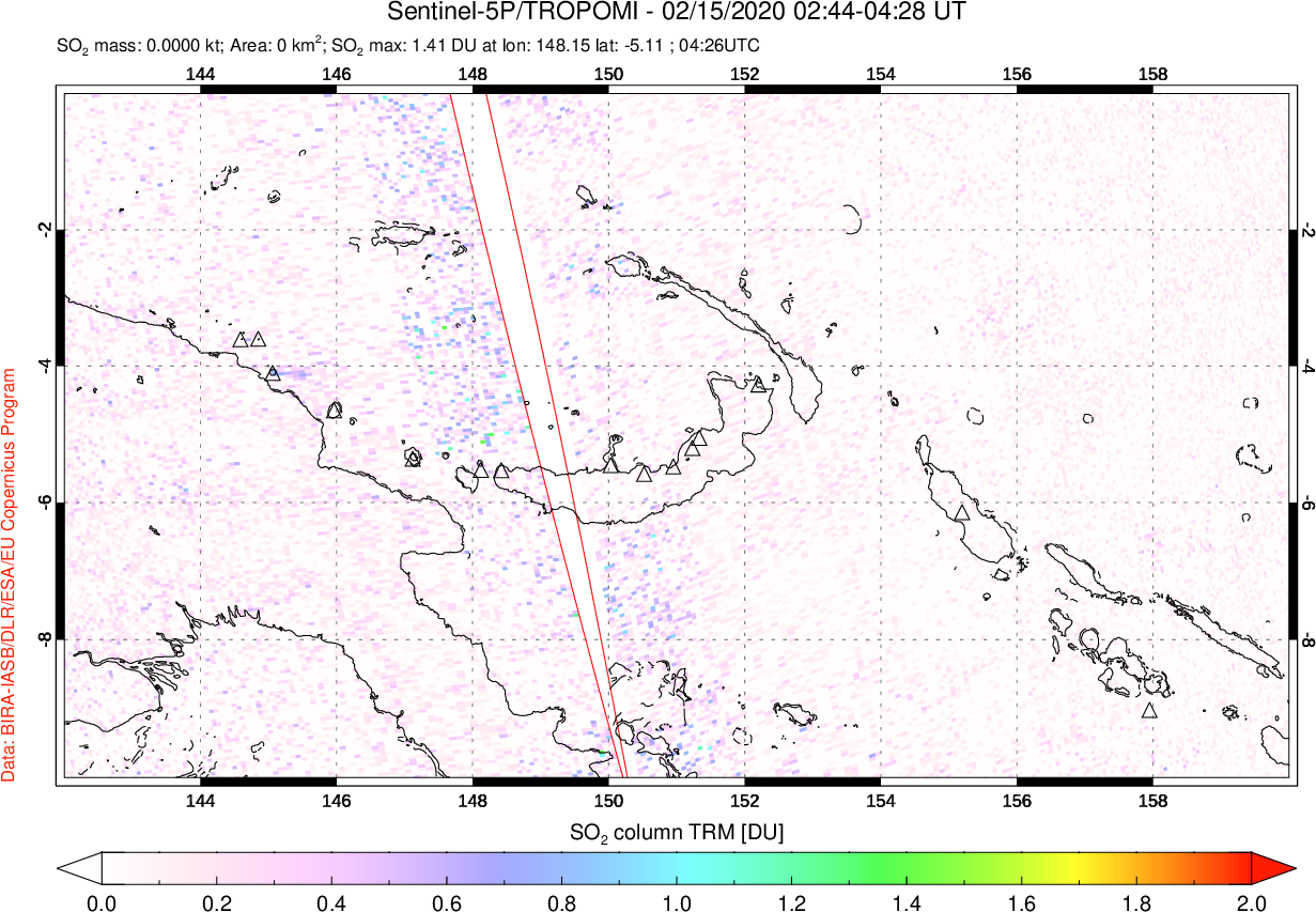 A sulfur dioxide image over Papua, New Guinea on Feb 15, 2020.