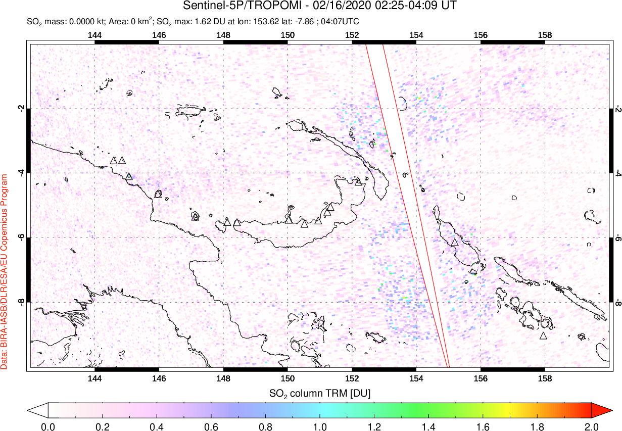 A sulfur dioxide image over Papua, New Guinea on Feb 16, 2020.