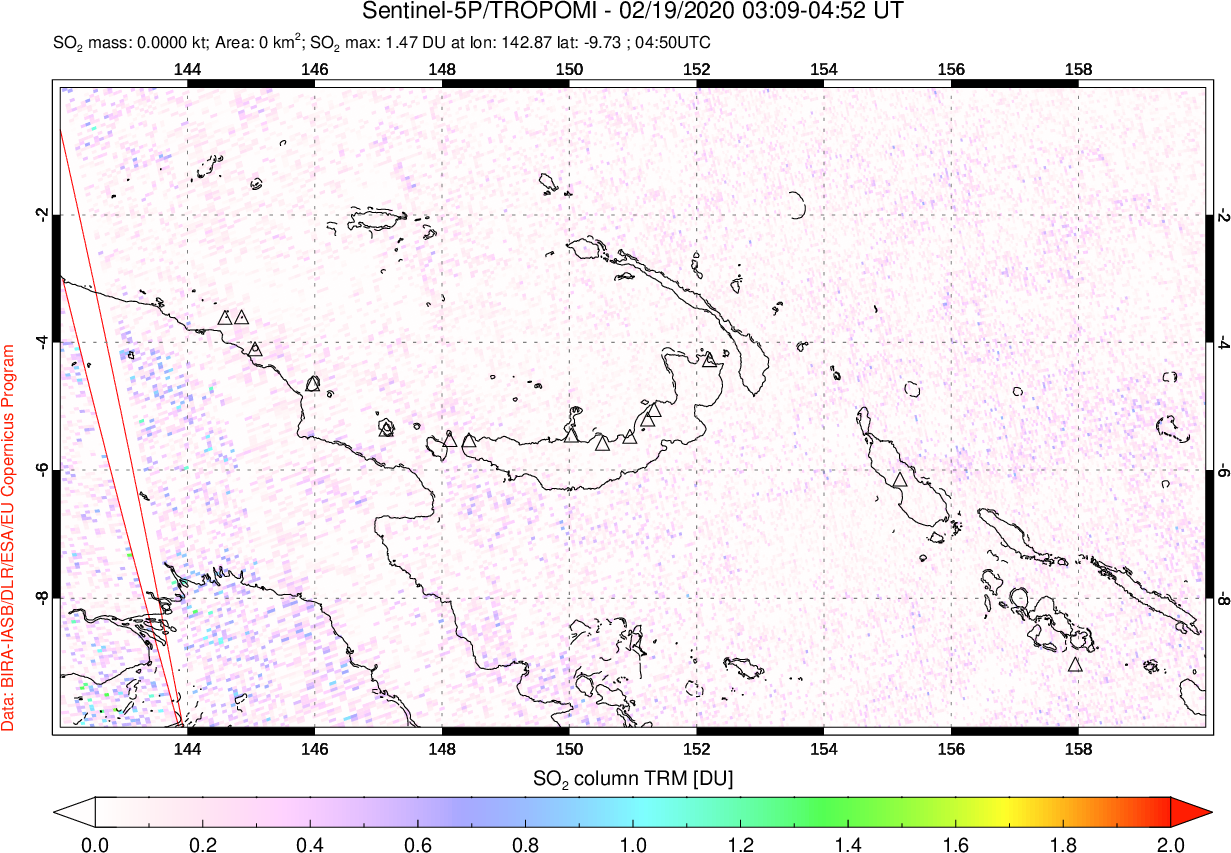 A sulfur dioxide image over Papua, New Guinea on Feb 19, 2020.