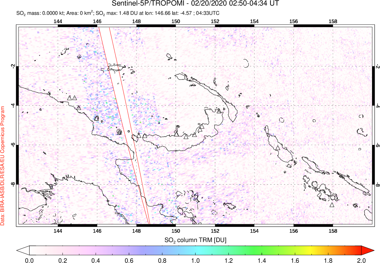 A sulfur dioxide image over Papua, New Guinea on Feb 20, 2020.