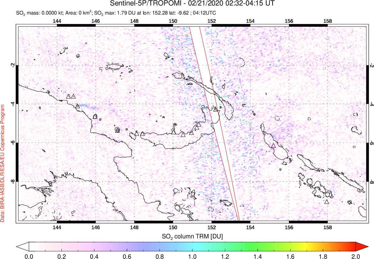 A sulfur dioxide image over Papua, New Guinea on Feb 21, 2020.