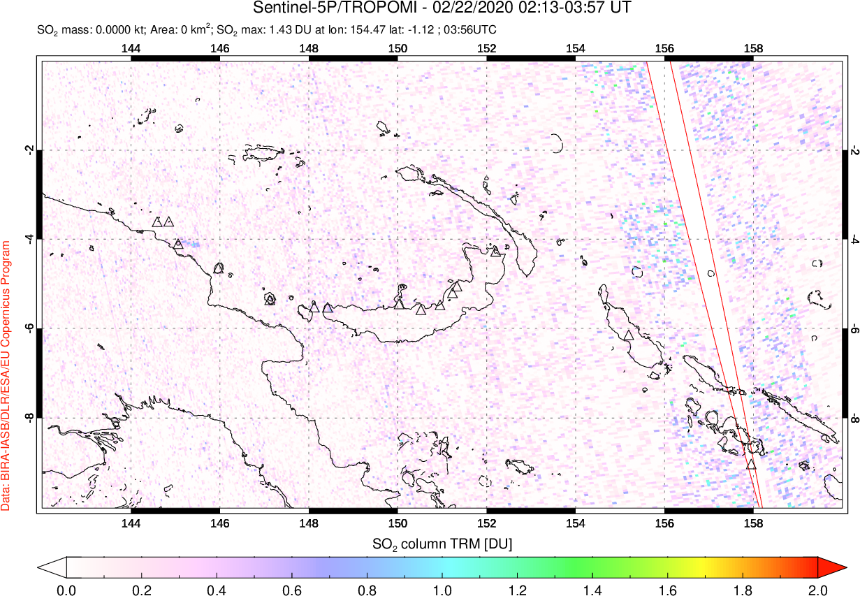 A sulfur dioxide image over Papua, New Guinea on Feb 22, 2020.