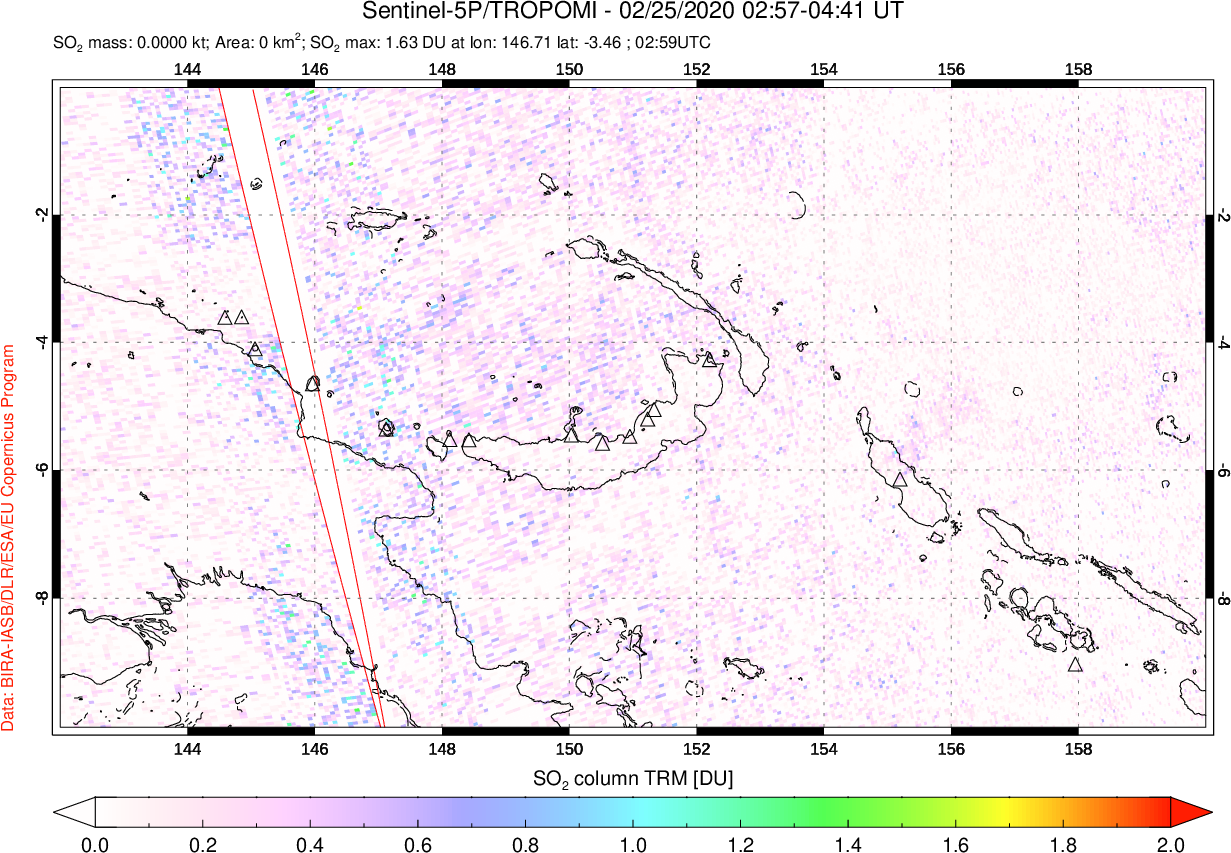 A sulfur dioxide image over Papua, New Guinea on Feb 25, 2020.