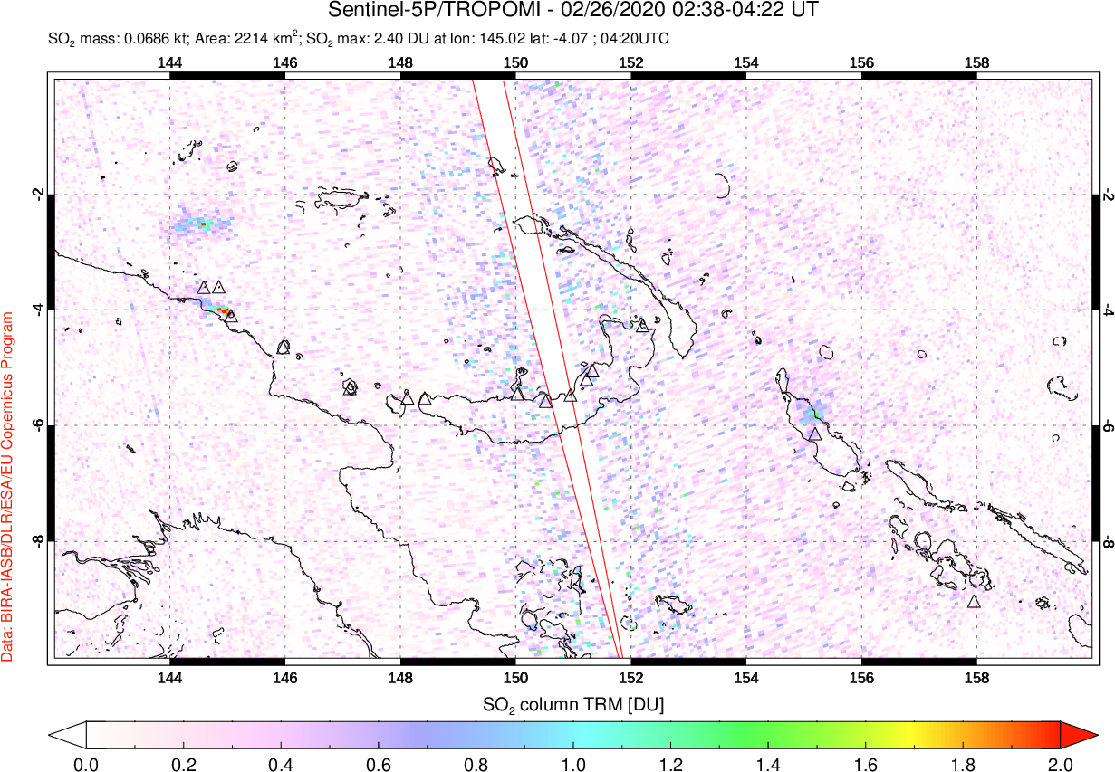 A sulfur dioxide image over Papua, New Guinea on Feb 26, 2020.