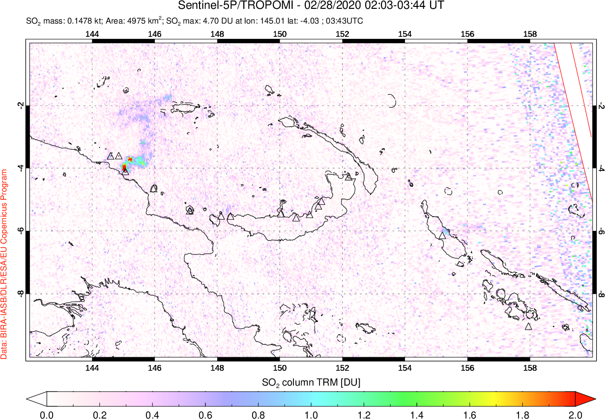 A sulfur dioxide image over Papua, New Guinea on Feb 28, 2020.