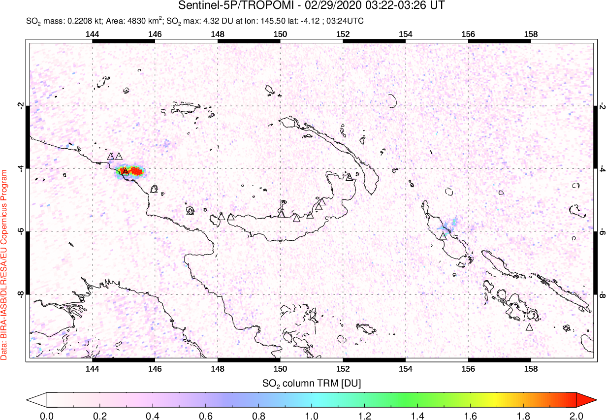 A sulfur dioxide image over Papua, New Guinea on Feb 29, 2020.