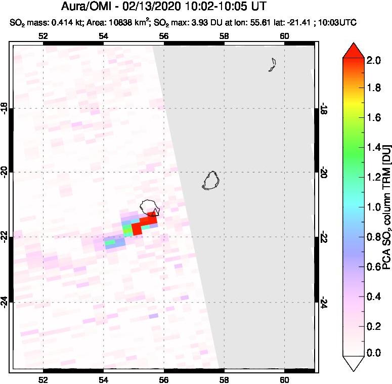 A sulfur dioxide image over Reunion Island, Indian Ocean on Feb 13, 2020.