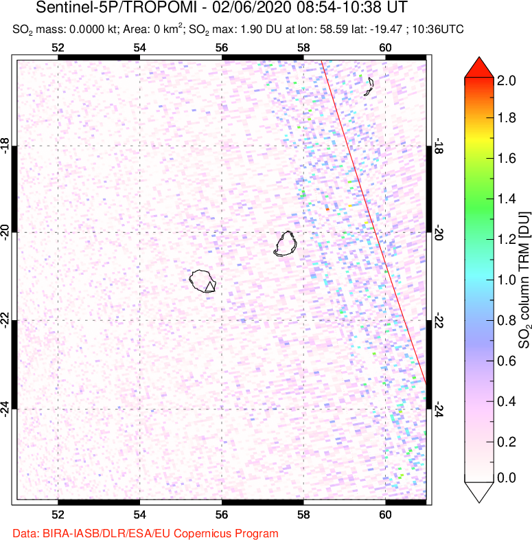 A sulfur dioxide image over Reunion Island, Indian Ocean on Feb 06, 2020.