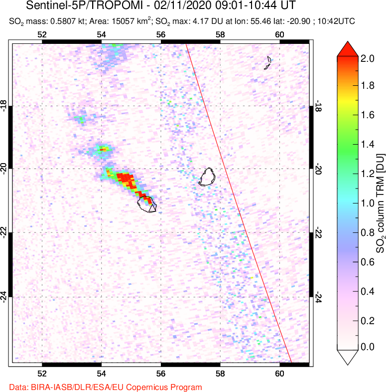 A sulfur dioxide image over Reunion Island, Indian Ocean on Feb 11, 2020.