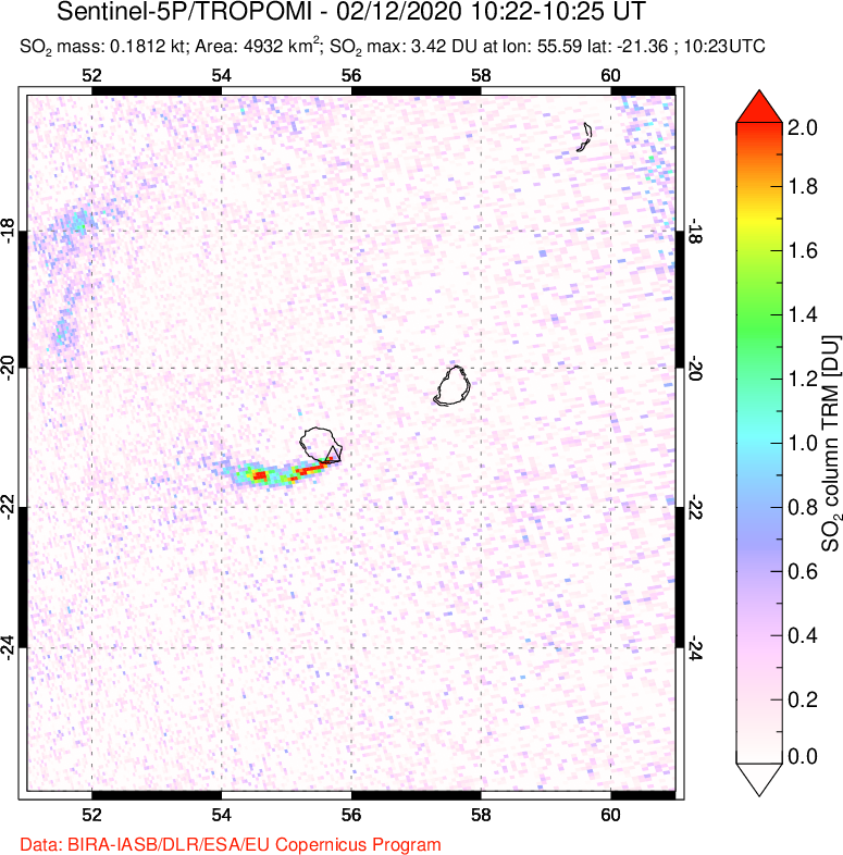 A sulfur dioxide image over Reunion Island, Indian Ocean on Feb 12, 2020.