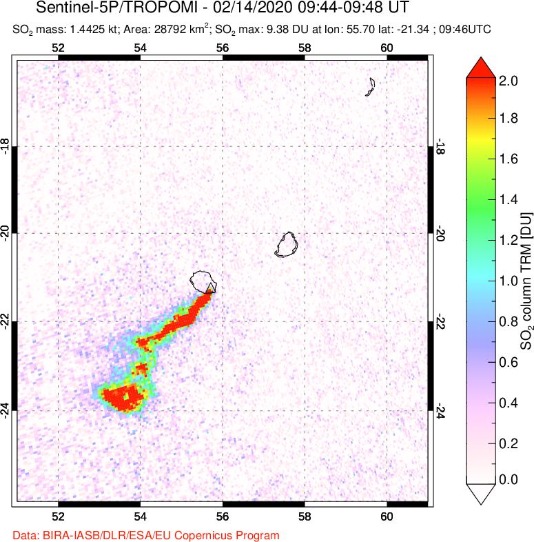 A sulfur dioxide image over Reunion Island, Indian Ocean on Feb 14, 2020.
