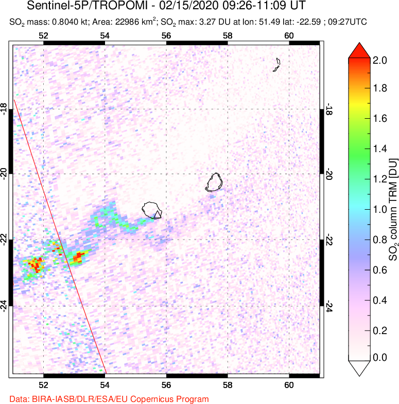 A sulfur dioxide image over Reunion Island, Indian Ocean on Feb 15, 2020.