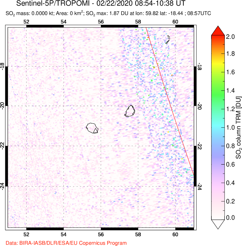 A sulfur dioxide image over Reunion Island, Indian Ocean on Feb 22, 2020.
