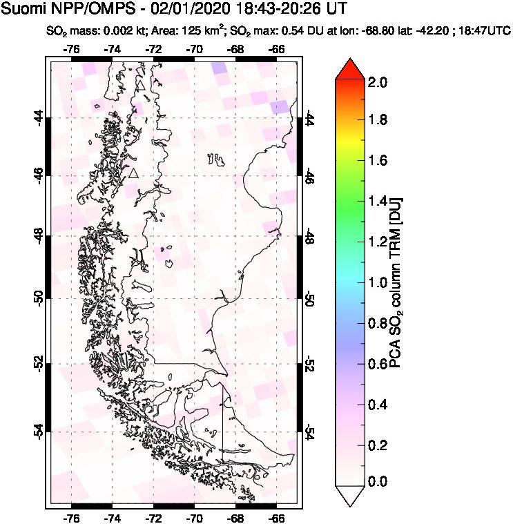 A sulfur dioxide image over Southern Chile on Feb 01, 2020.